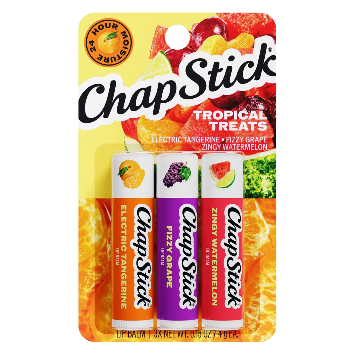 ChapStick Lip Balm Sticks - Tropical Treats Lip Balm Set - 3 Ct / 0.45 Oz ; Electric Tangerine, Fizzy Grape and Zingy Watermelon Lip Moisturizer