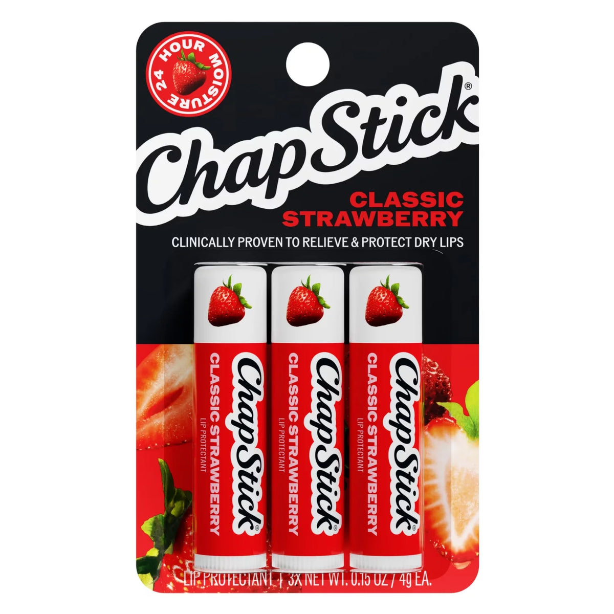 ChapStick Classic Strawberry Flavor Lip Balm Tubes - Pack of 3, 0.15 oz Each